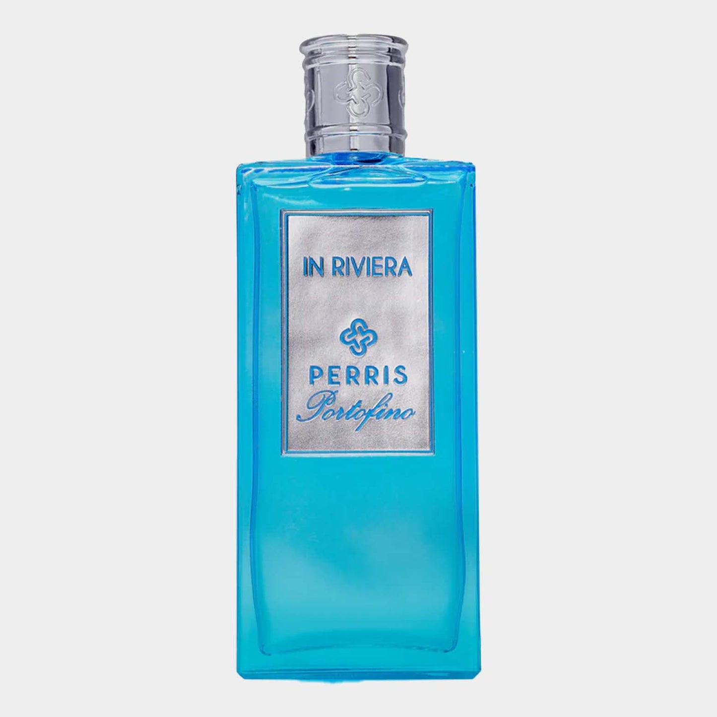 Perris Portofino In Riviera Sample in een opvallende blauwe fles met een zilveren label. Dit parfum weerspiegelt de frisse aromas van de Italiaanse Rivièra.