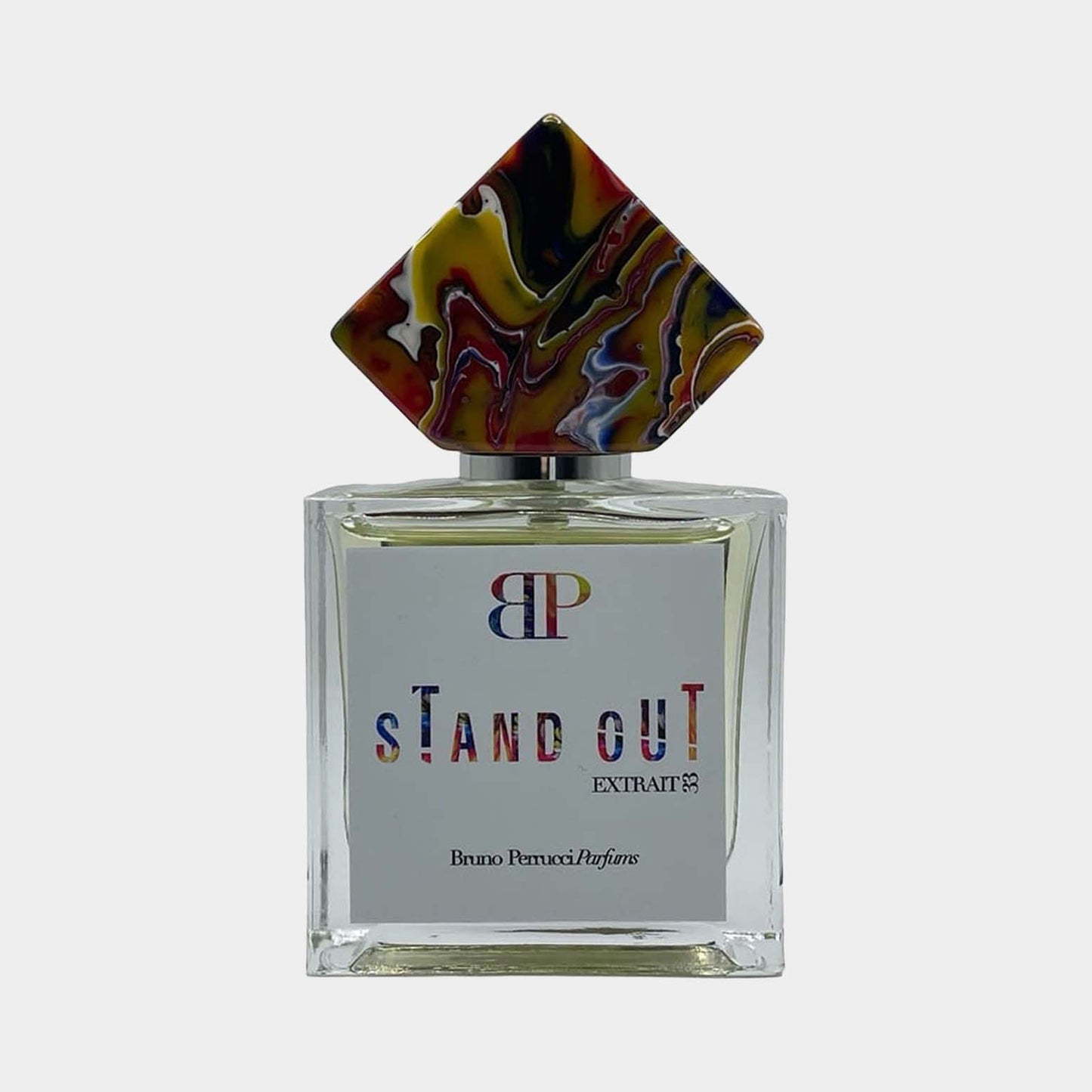 Bruno Perrucci Stand Out Sample, een elegante parfumflacon met een uniek gekleurd dopje en een stijlvolle uitstraling.