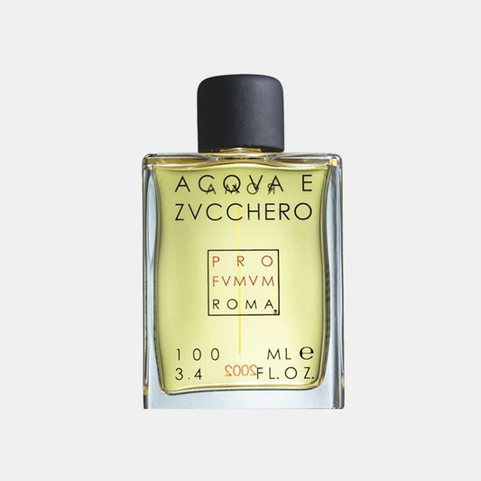 Profumum Roma Acqua e Zucchero volle fles, met een elegant vierkant ontwerp en een zwarte dop, gevuld met een heldere geur.