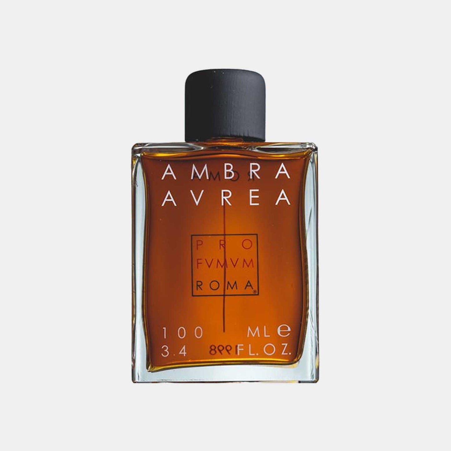 Profumum Roma Ambra Aurea Sample in een elegante glazen fles van 100 ml, met een rijke amberkleurige vloeistof en minimalistisch design.