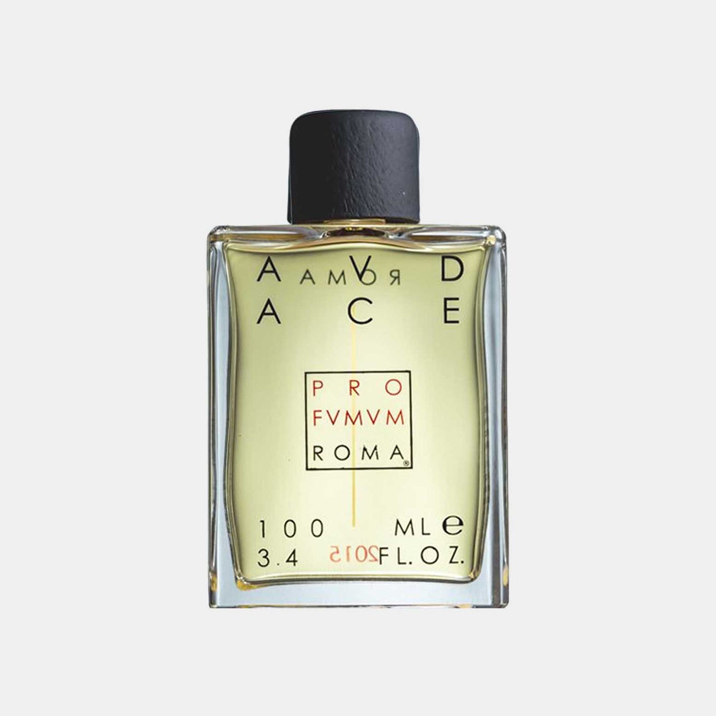 Profumum Roma Audace sample in a rectangular glazen flacon met een zwarte dop, gevuld met een lichte geur.