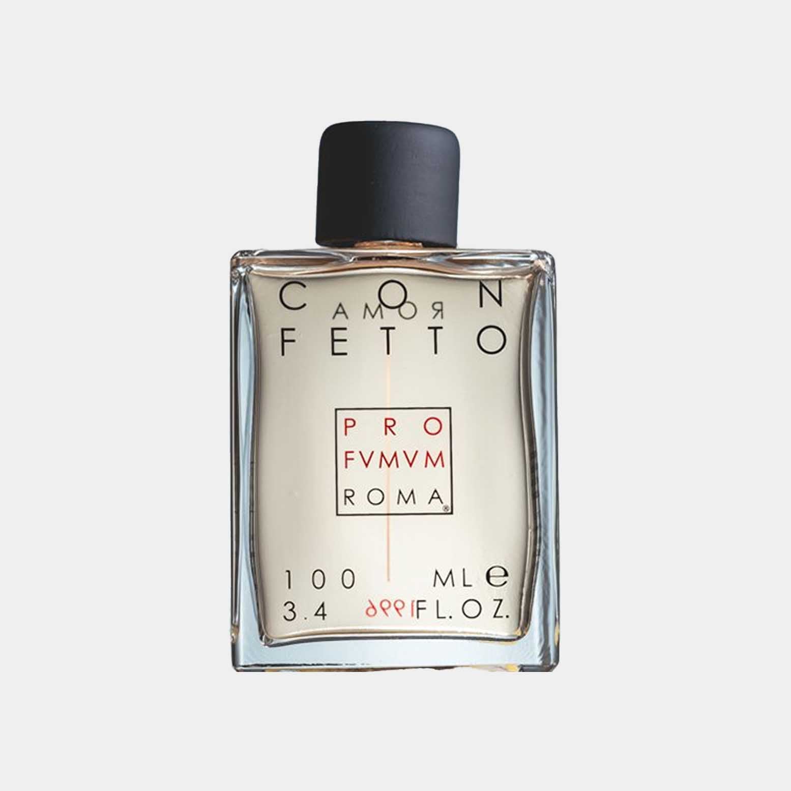 Profumum Roma Confetto full bottle, een elegante glazen parfumfles van 100 ml met een minimalistisch ontwerp en een zwarte dop.