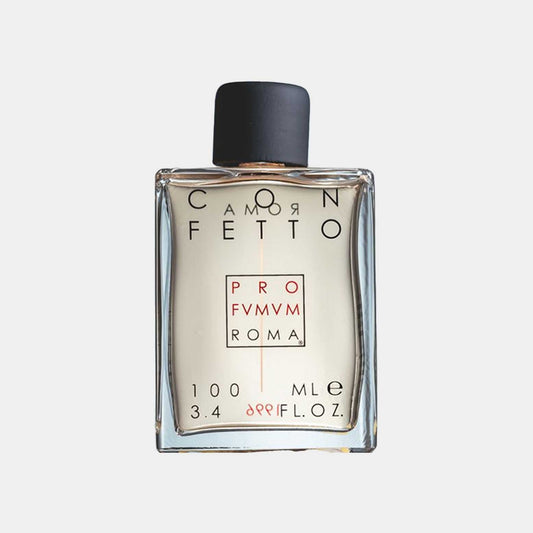 Profumum Roma Confetto full bottle, een elegante glazen parfumfles van 100 ml met een minimalistisch ontwerp en een zwarte dop.