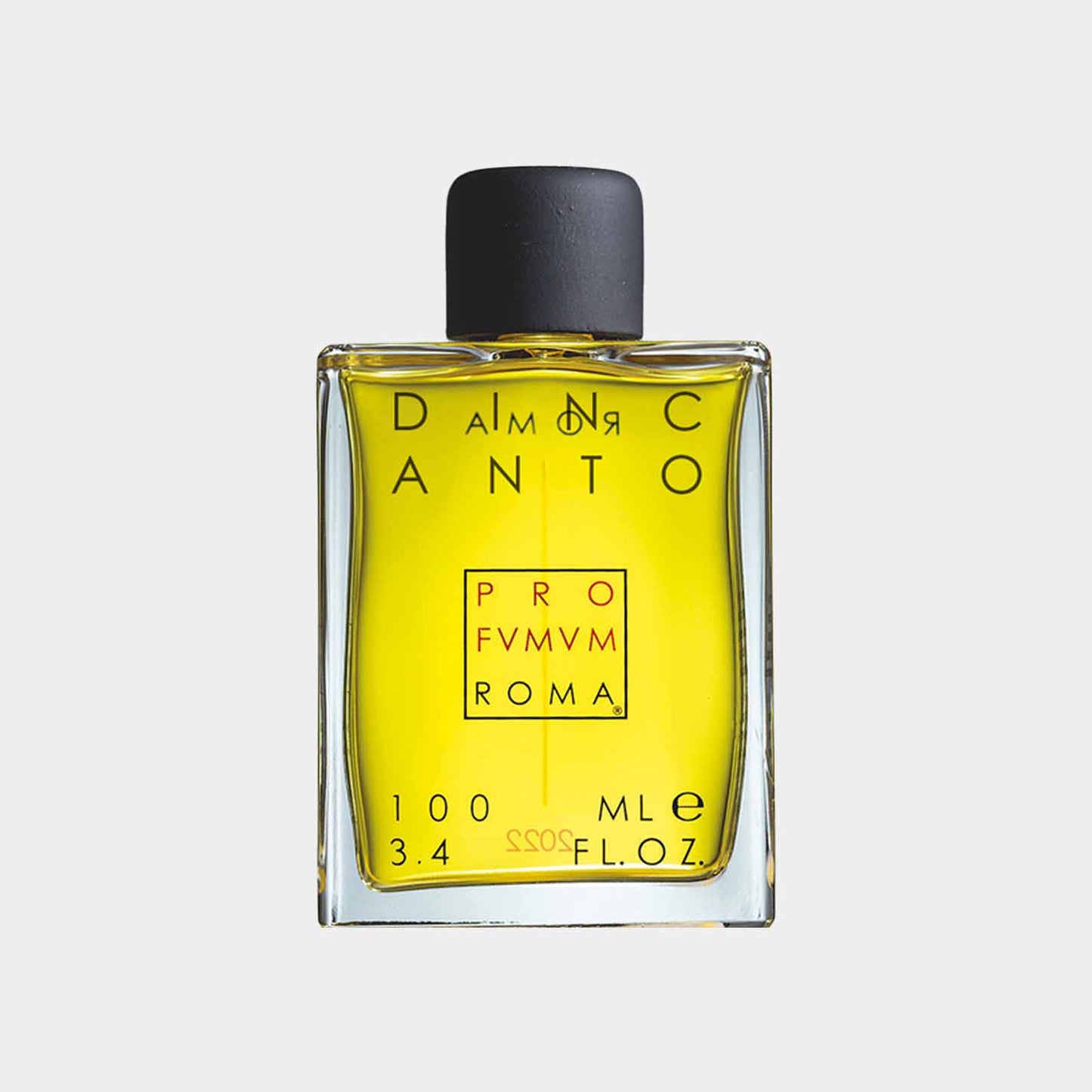 Profumum Roma Dincanto Sample, een elegante, vierkante fles met een felgele vloeistof en een zwarte dop, perfect voor het ervaren van unieke geur. Inhoud: 100 ml.