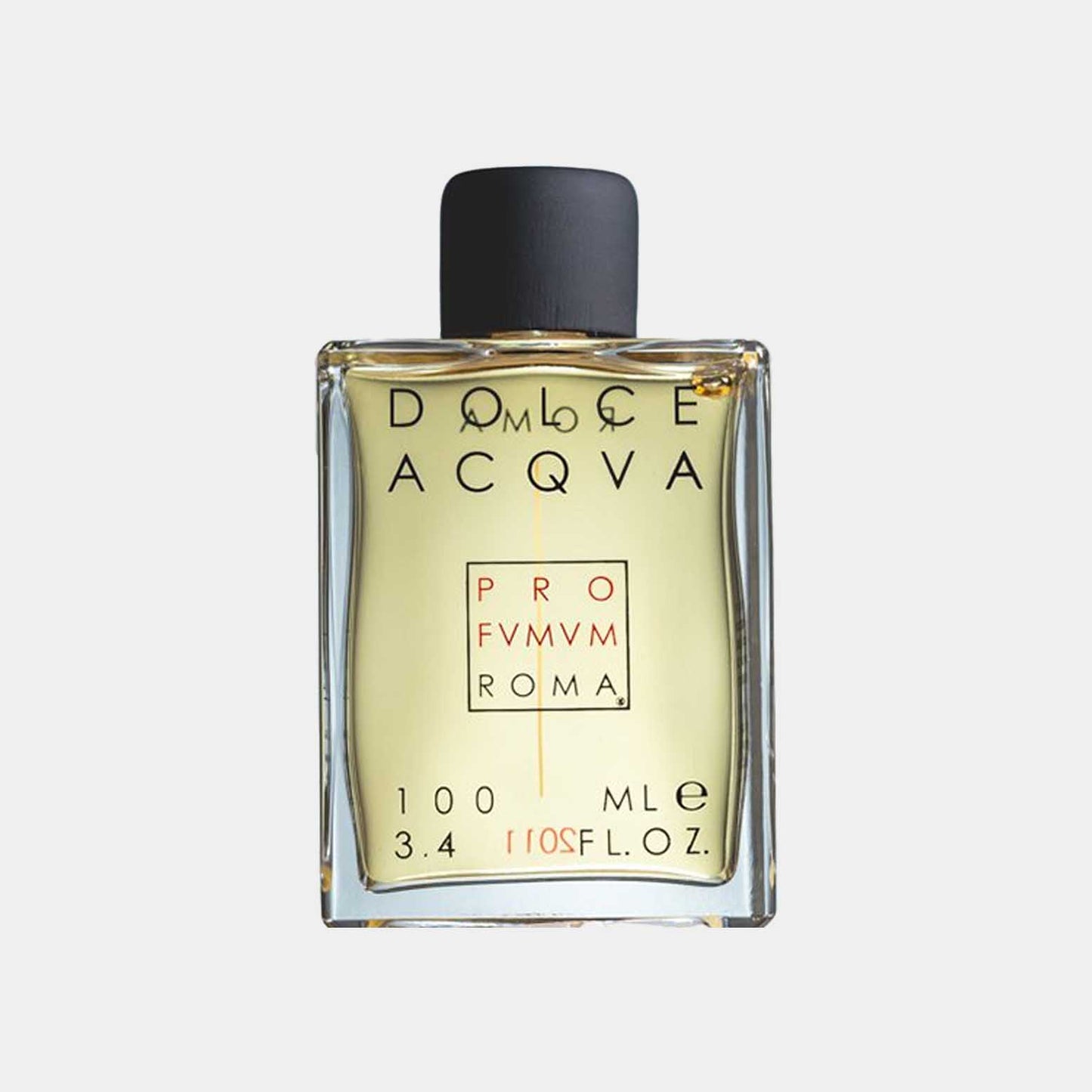 Profumum Roma Dolce Acqua sample in een elegant glazen flesje van 100 ml, met een minimalistisch ontwerp en zwart deksel.
