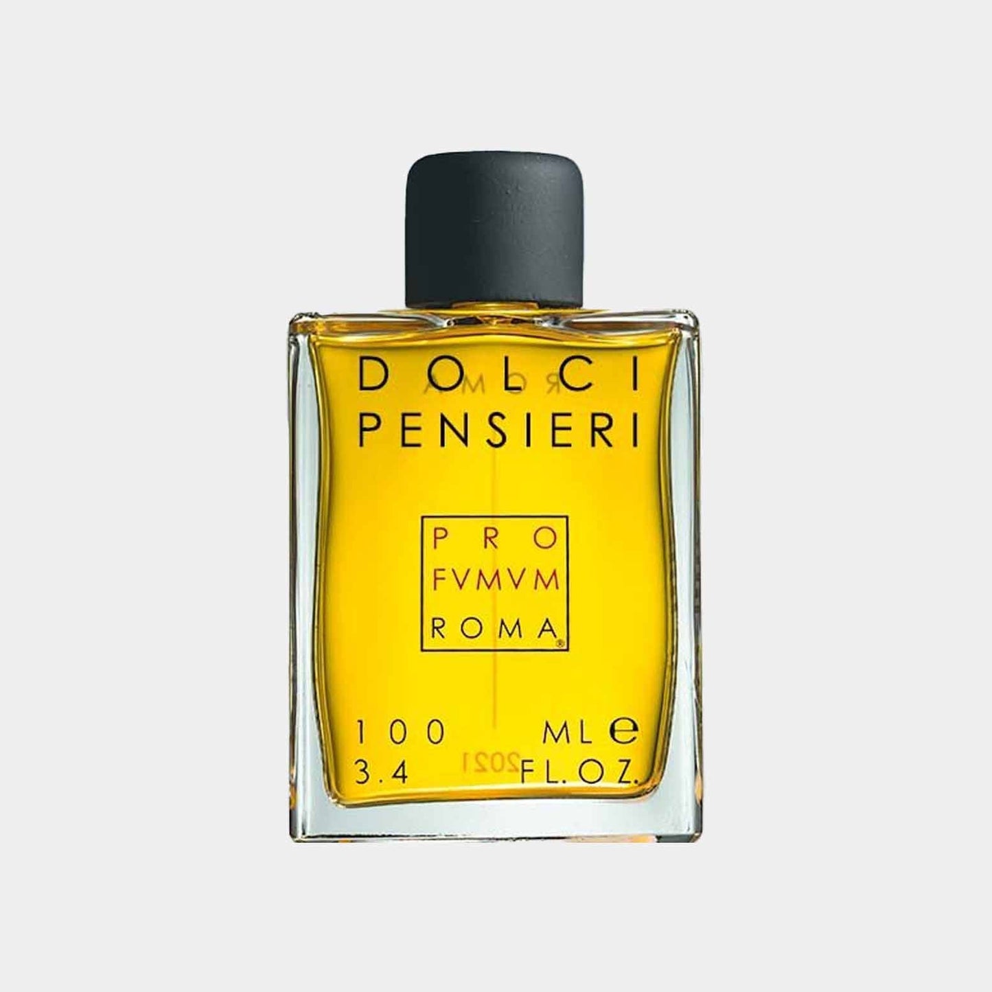 Profumum Roma Dolci Pensieri vol. 100 ml - een elegante parfumfles met een strakke, moderne uitstraling en een gouden vloeistof.