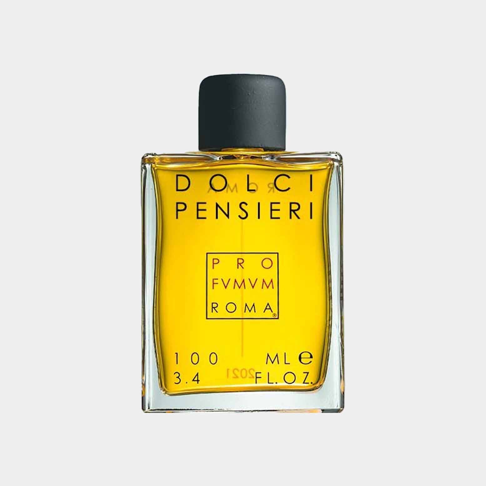 Profumum Roma Dolci Pensieri vol. 100 ml - een elegante parfumfles met een strakke, moderne uitstraling en een gouden vloeistof.