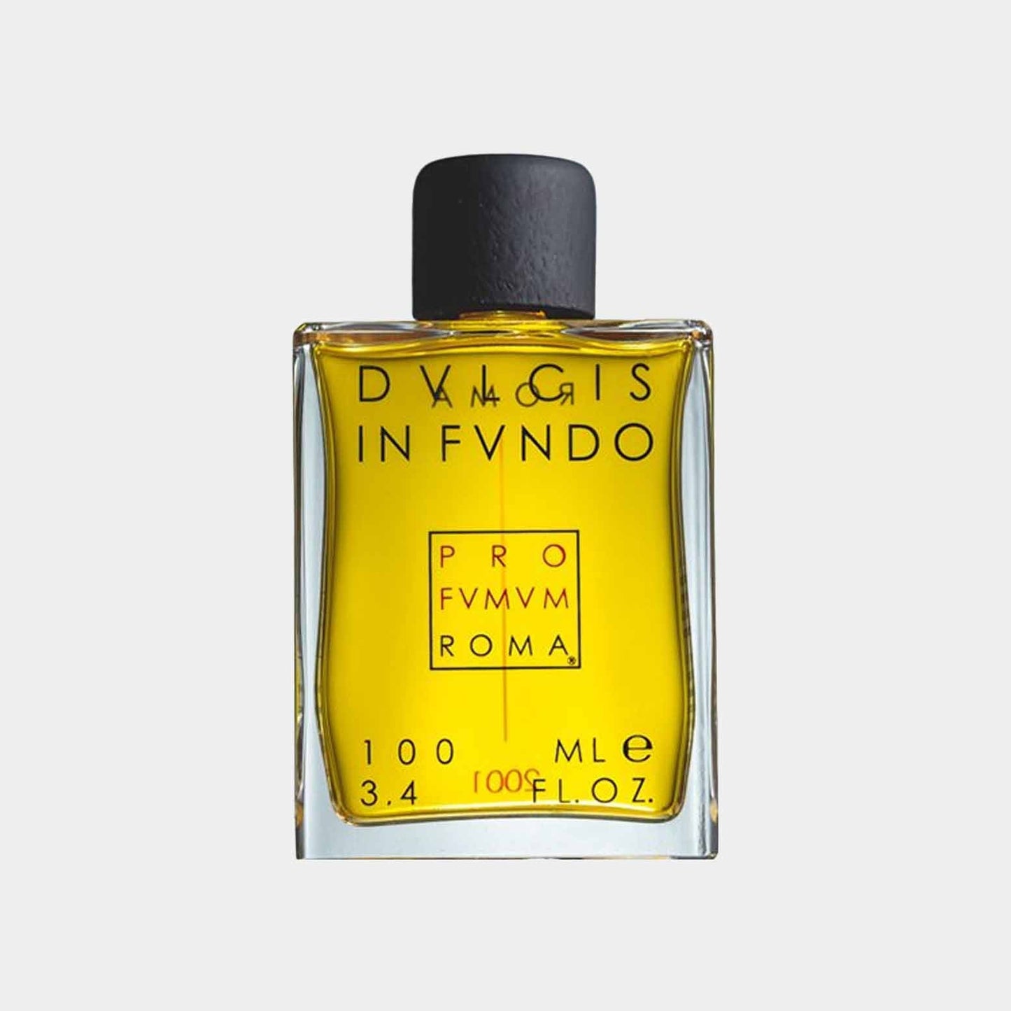 Volledige fles Profumum Roma Dulcis in Fundo, met een opvallend glazen ontwerp en een zwarte dop. De intens gele geur benadrukt een luxe uitstraling.