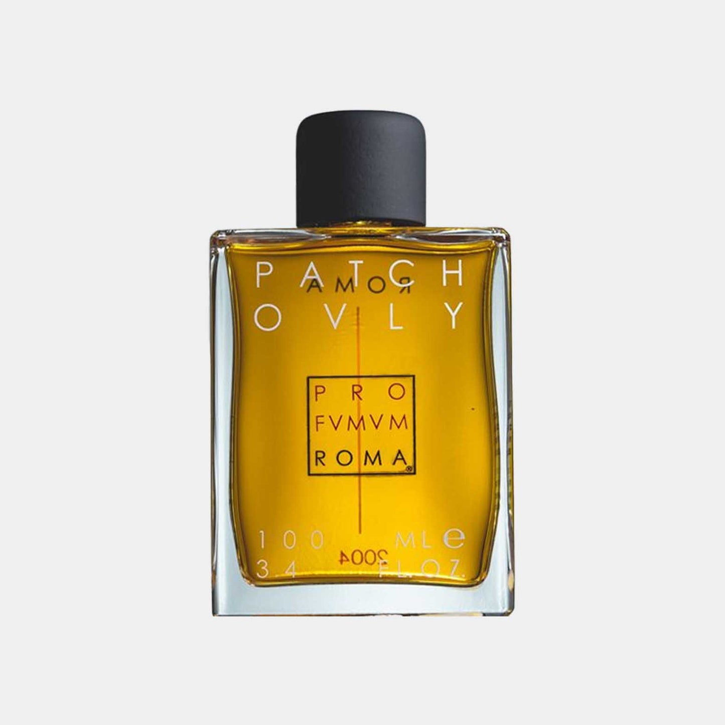 “Profumum Roma Patchouly sample in a sleek, square glass bottle, featuring a dark cap and elegant label. The golden-yellow liquid inside exudes a rich, earthy patchouli fragrance.”