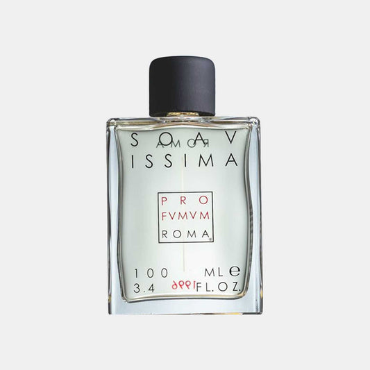 Profumum Roma Soavissima sample in a clear glass bottle with a black cap, featuring minimalistic label design.