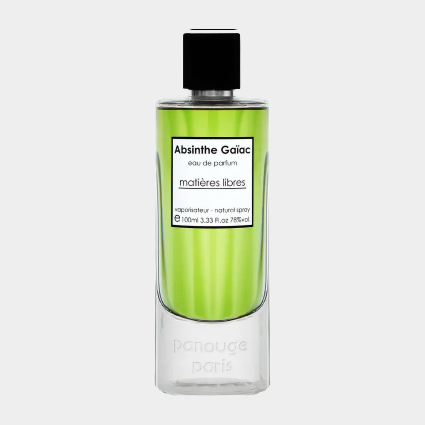 Panouge Paris Absinthe Gaiac Sample, een verfijnde geur in een transparante fles met een groene inhoud en een zwarte dop. Het parfum is verpakt in een minimalistisch ontwerp.