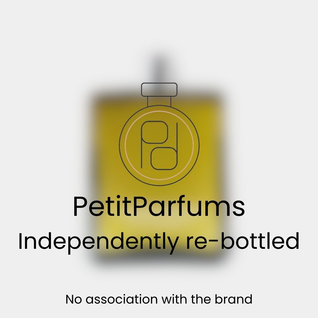 Homme Parfum Sample van PetitParfums, onafhankelijk hergevuld in een transparante verpakking met een gele achtergrond.