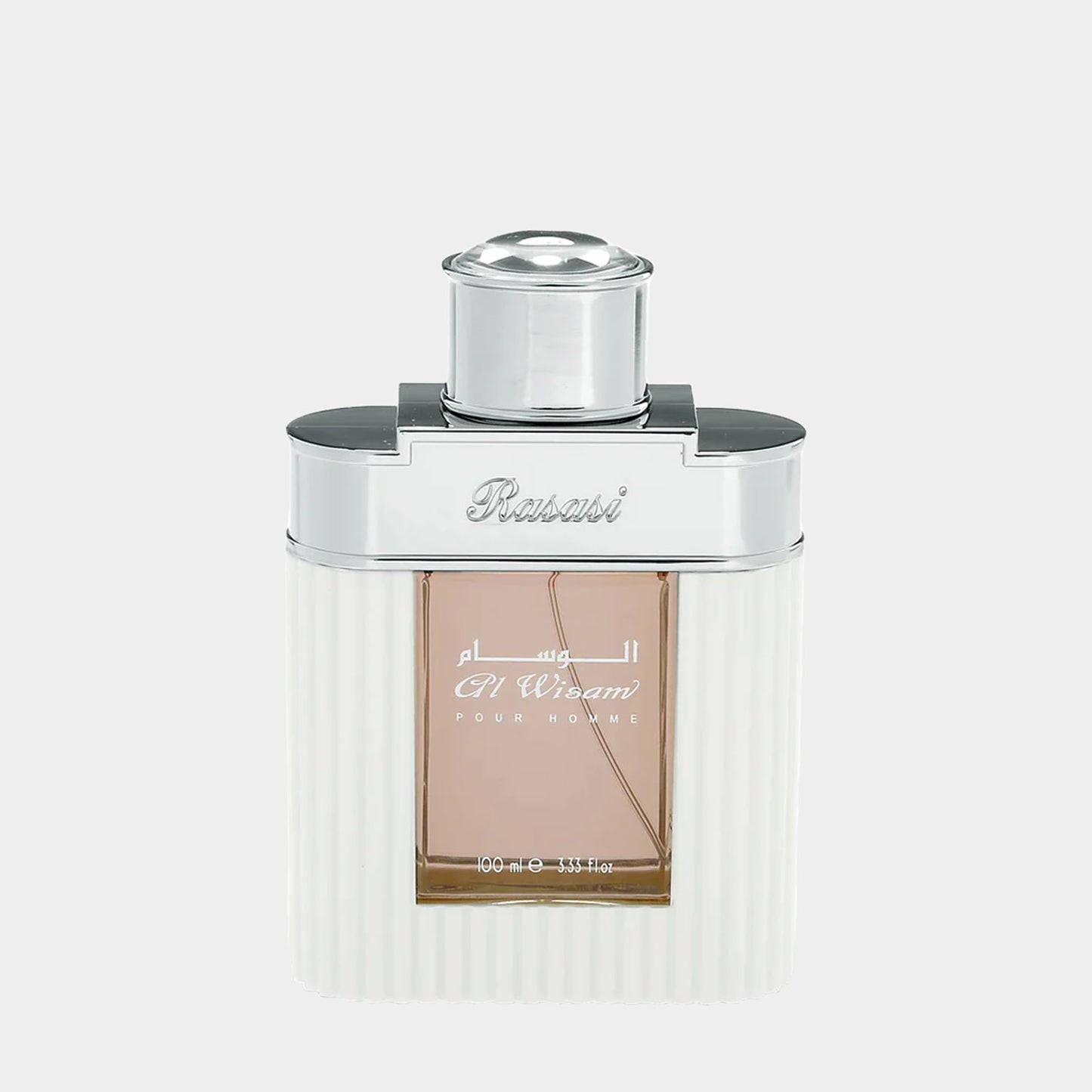 Rasasi Al Wisam Day Sample, een elegante parfumfles met een moderne ontwerpen, voorzien van een zilveren dop en een lichte geurinhoud.
