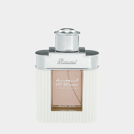 Rasasi Al Wisam Day Sample, een elegante parfumfles met een moderne ontwerpen, voorzien van een zilveren dop en een lichte geurinhoud.