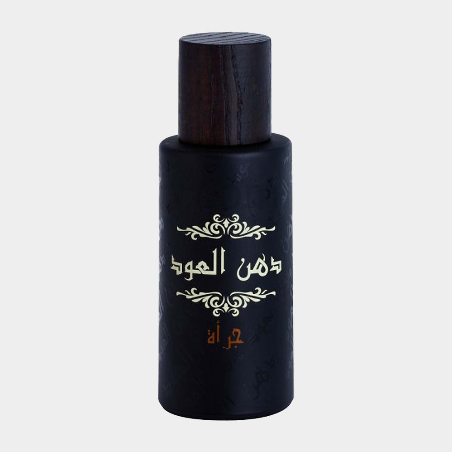 Rasasi Dhan Al Oudh Jurrah Sample in een elegante zwarte flacon met een houten dop, versierd met gouden letters.