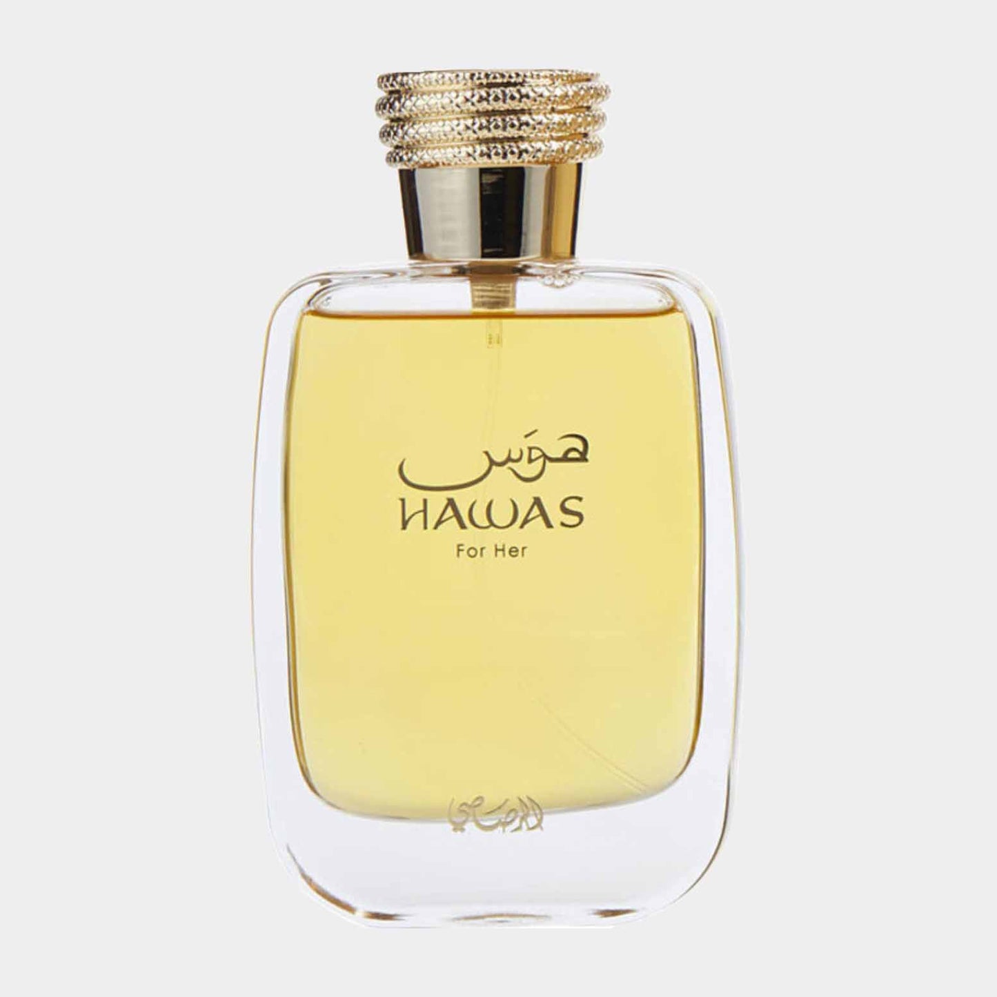 Rasasi Hawas for Her Sample, een elegant parfum in een transparante flacon met een gouden dop, ontworpen voor de moderne vrouw.
