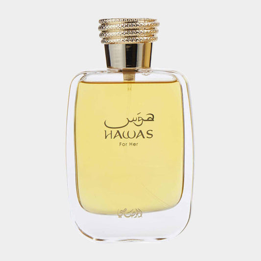 Rasasi Hawas for Her Sample, een elegant parfum in een transparante flacon met een gouden dop, ontworpen voor de moderne vrouw.