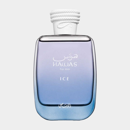 Sample van Rasasi Hawas Ice for Him, een geur in een stijlvolle glazen flacon met een ombre-effect van blauw naar transparant. De verpakking straalt frisheid en elegantie uit.