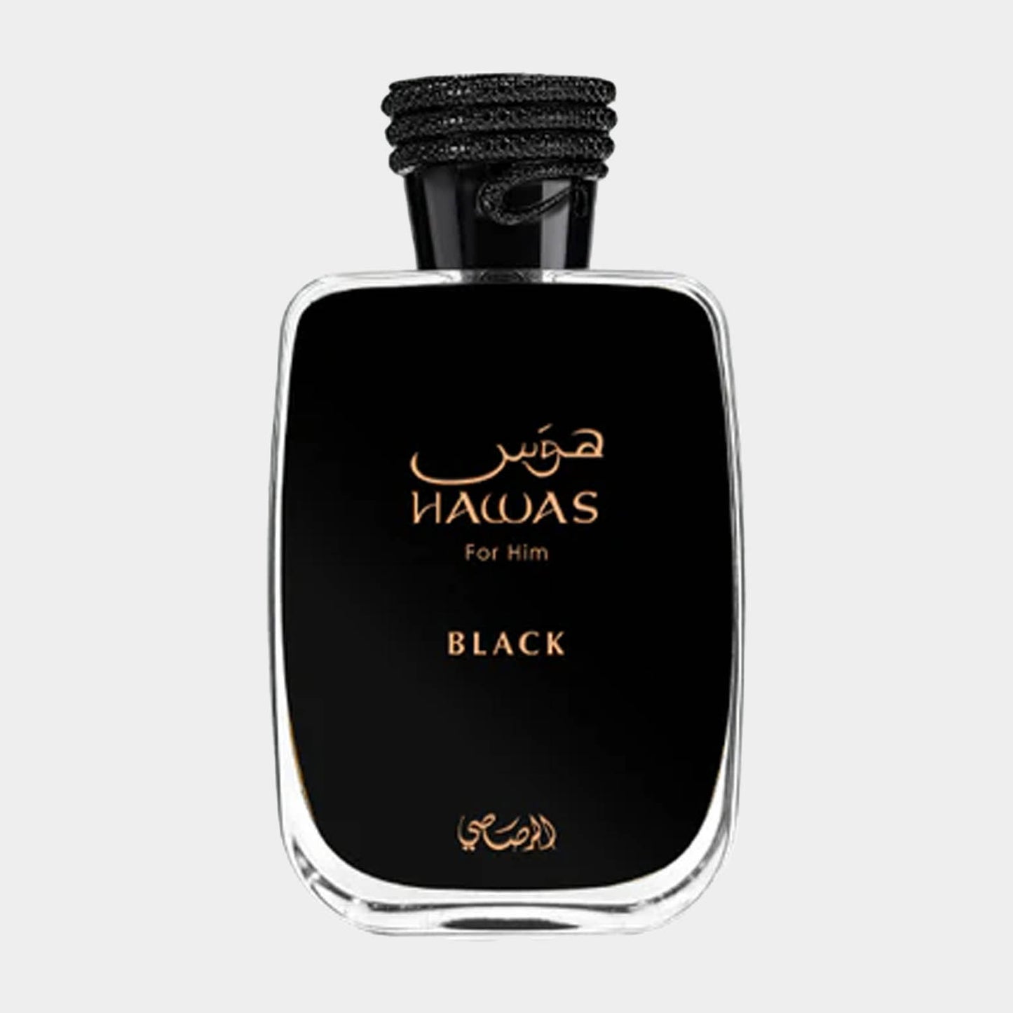 Een elegante parfumfles van Rasasi Hawas Black, ontworpen voor mannen. De flacon heeft een strakke, zwarte uitstraling met gouden details.