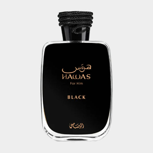 Een elegante parfumfles van Rasasi Hawas Black, ontworpen voor mannen. De flacon heeft een strakke, zwarte uitstraling met gouden details.