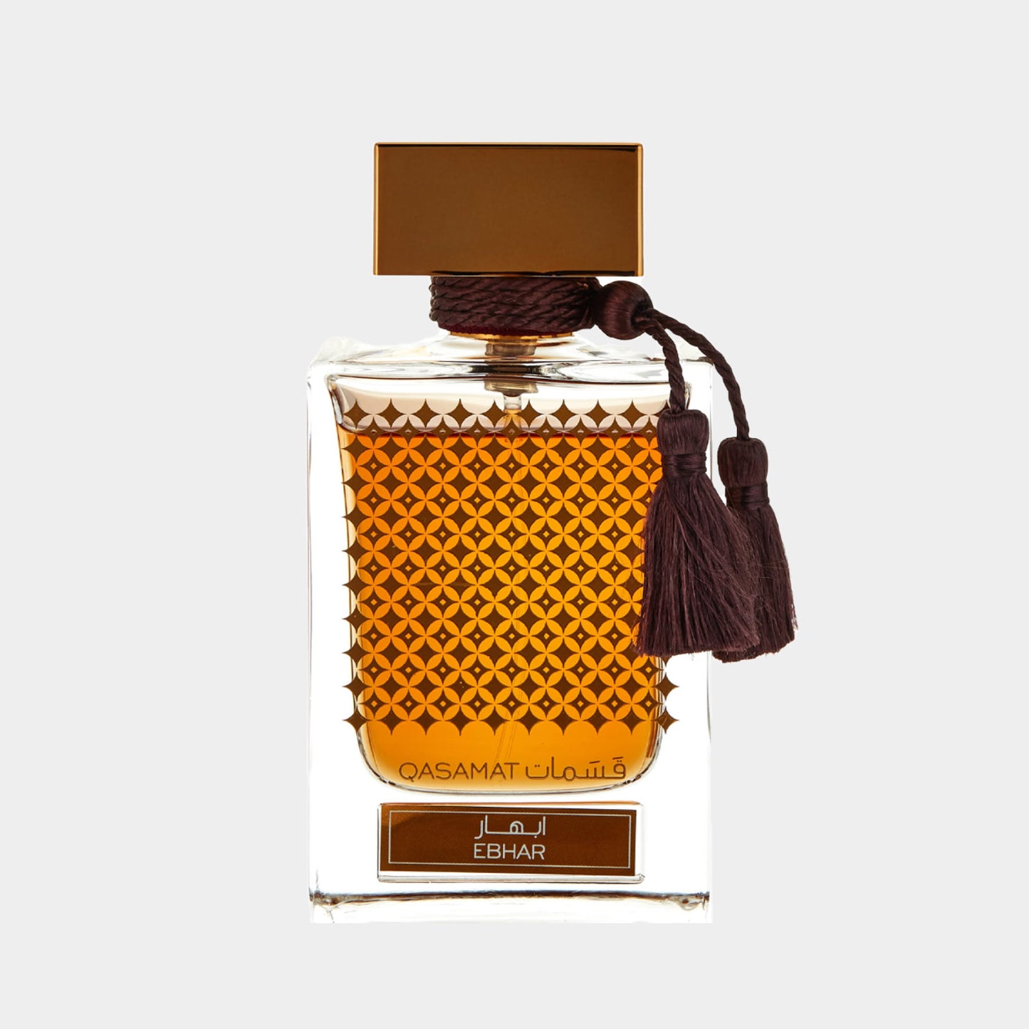 Rasasi Qasamat Ebhar Sample, een stijlvolle parfumfles met een gouden tint en een decoratieve kwast, perfect voor het ontdekken van luxurious geuren.