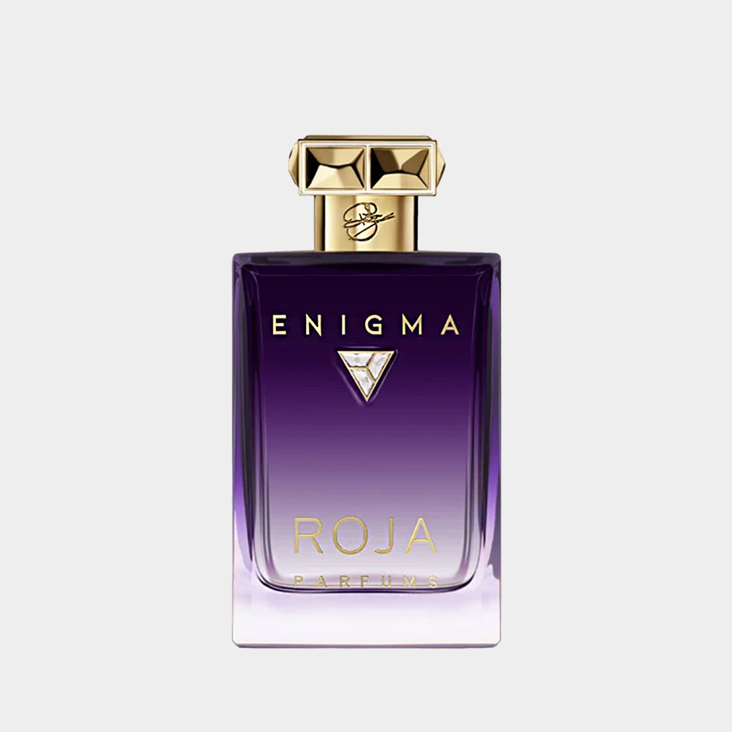 Roja Dove Enigma Pour Femme Essence De Parfum sample in een elegante paarse fles met een gouden dop en diamantaccent, perfect voor een luxe geur ervaring.