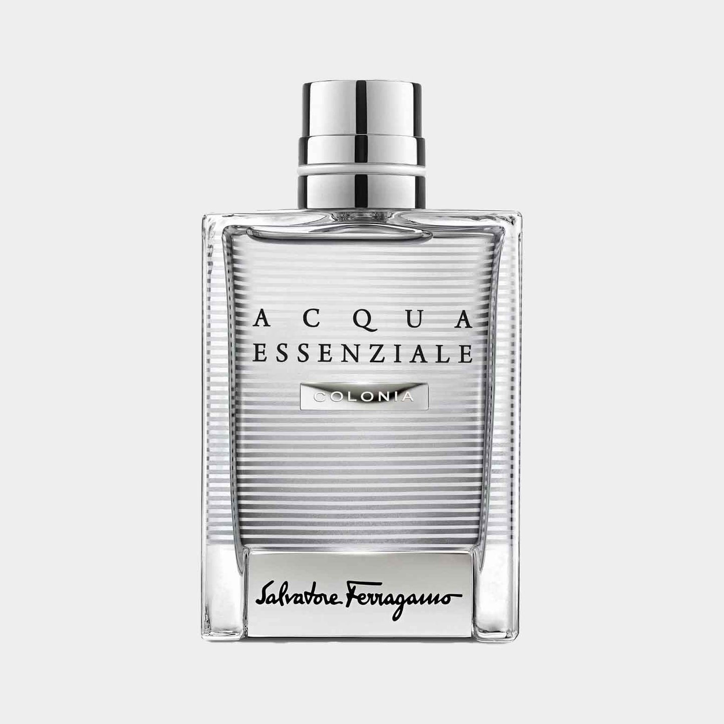 Salvatore Ferragamo Acqua Essenziale Colonia sample in a sleek, transparent flacon met gestreepte details. Deze geur belichaamt frisheid en elegantie.