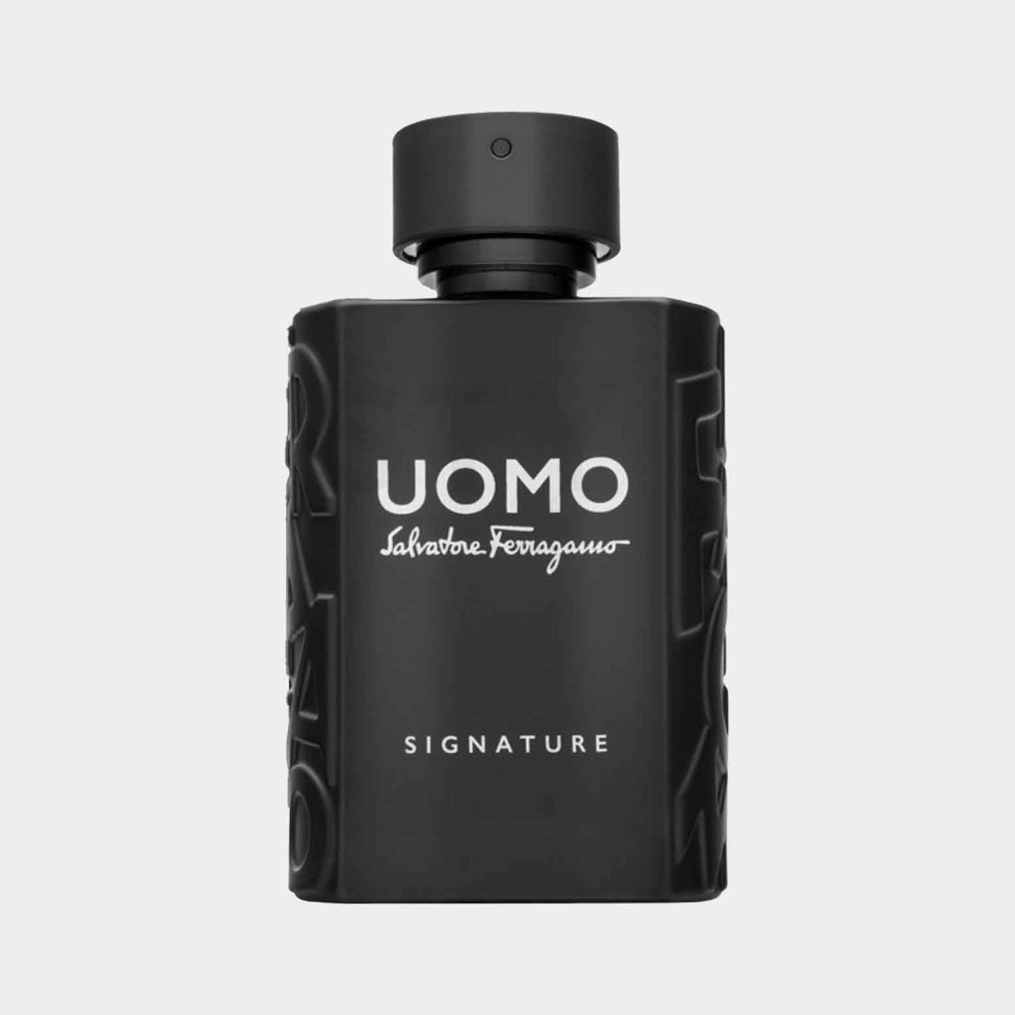 Salvatore Ferragamo Uomo Signature EDP Sample in een stijlvolle zwarte fles met het logo en de naam duidelijk zichtbaar.