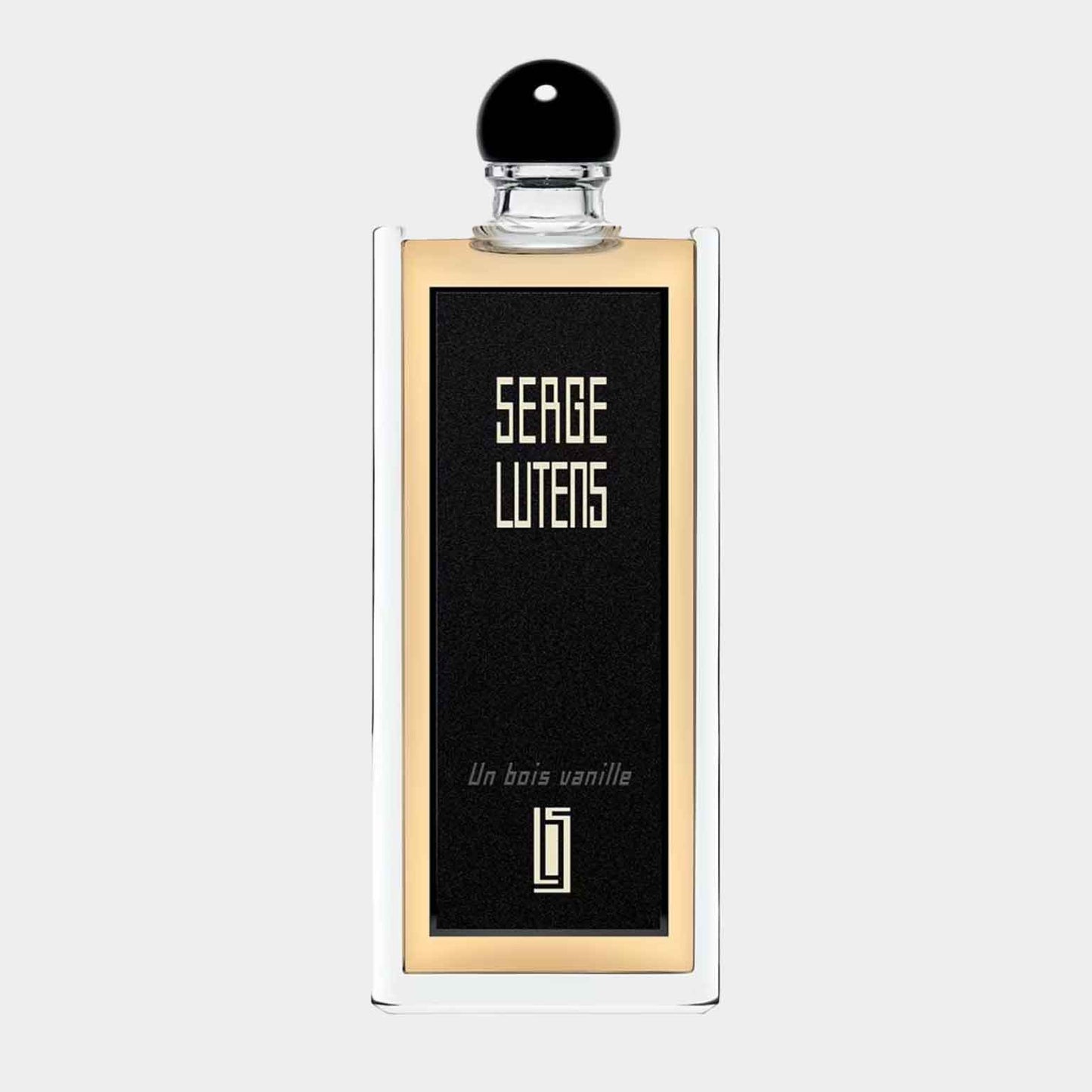 Sample van de Serge Lutens Un Bois Vanille EDP, gepresenteerd in een elegant glazen flesje met een zwarte en gouden label. Deze geur combineert warme vanille met houtachtige noten voor een verfijnde ervaring.