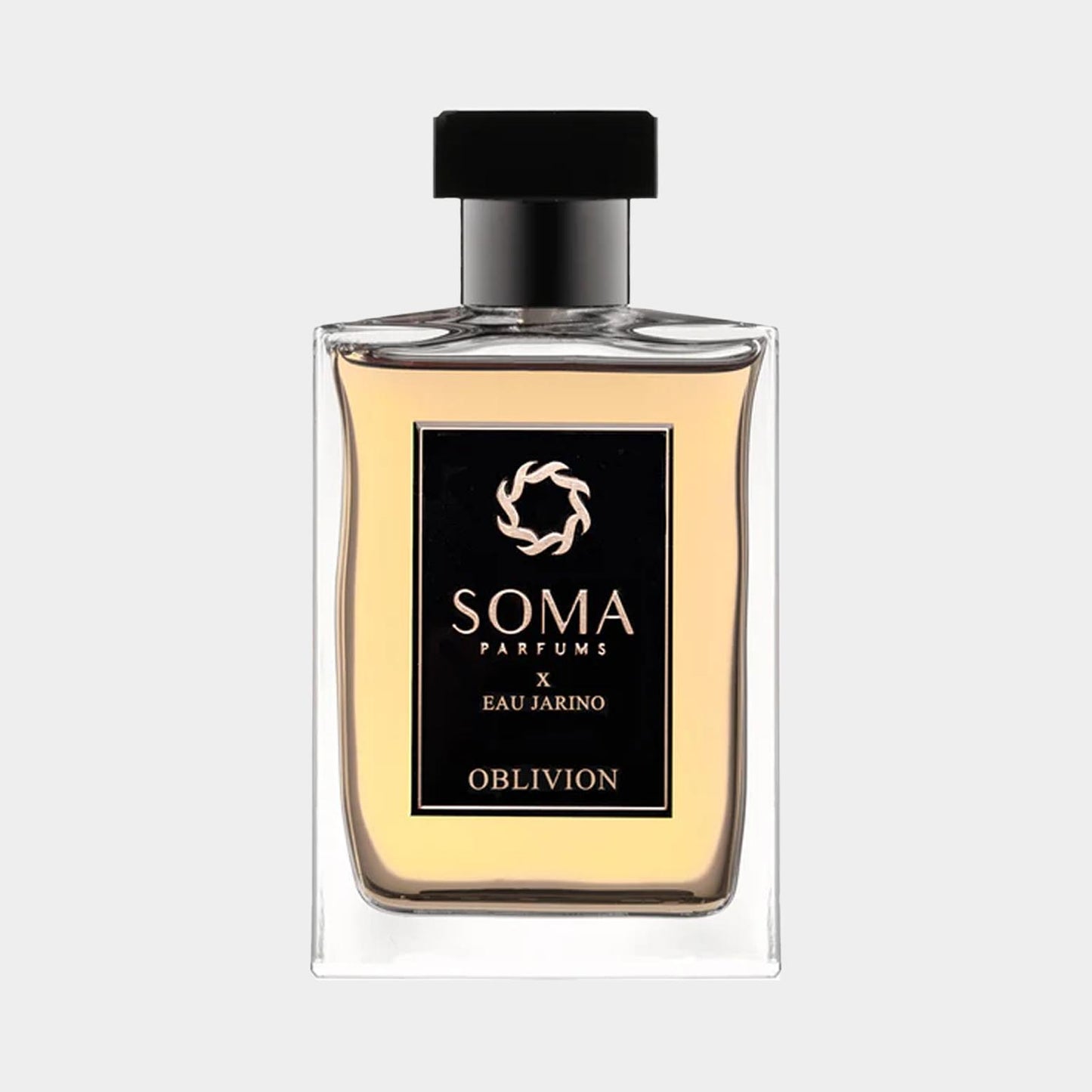 Soma Parfums Oblivion Sample, een elegante parfumfles met een duidelijk zwart label en een luxe uitstraling. De geur belooft een unieke olfactorische ervaring.