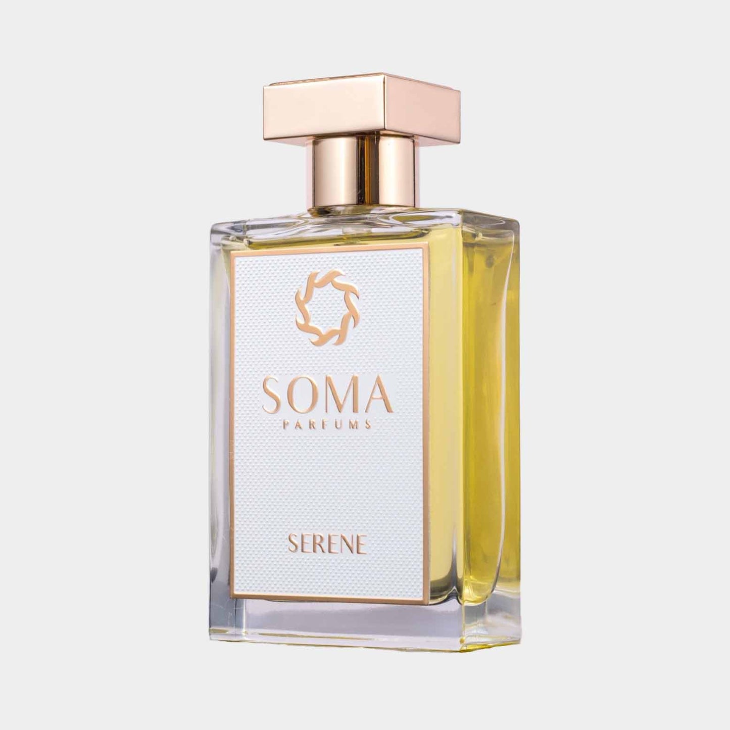 Soma Parfums Serene Sample in een elegant glazen flesje met een gouden dop, perfect voor een verfrissende geurervaring.