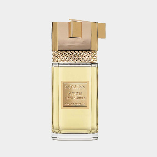 Somens Arena Sample, een elegant flacon met een gouden deksel en een frisse, verfijnde geur, geschikt voor elke gelegenheid.