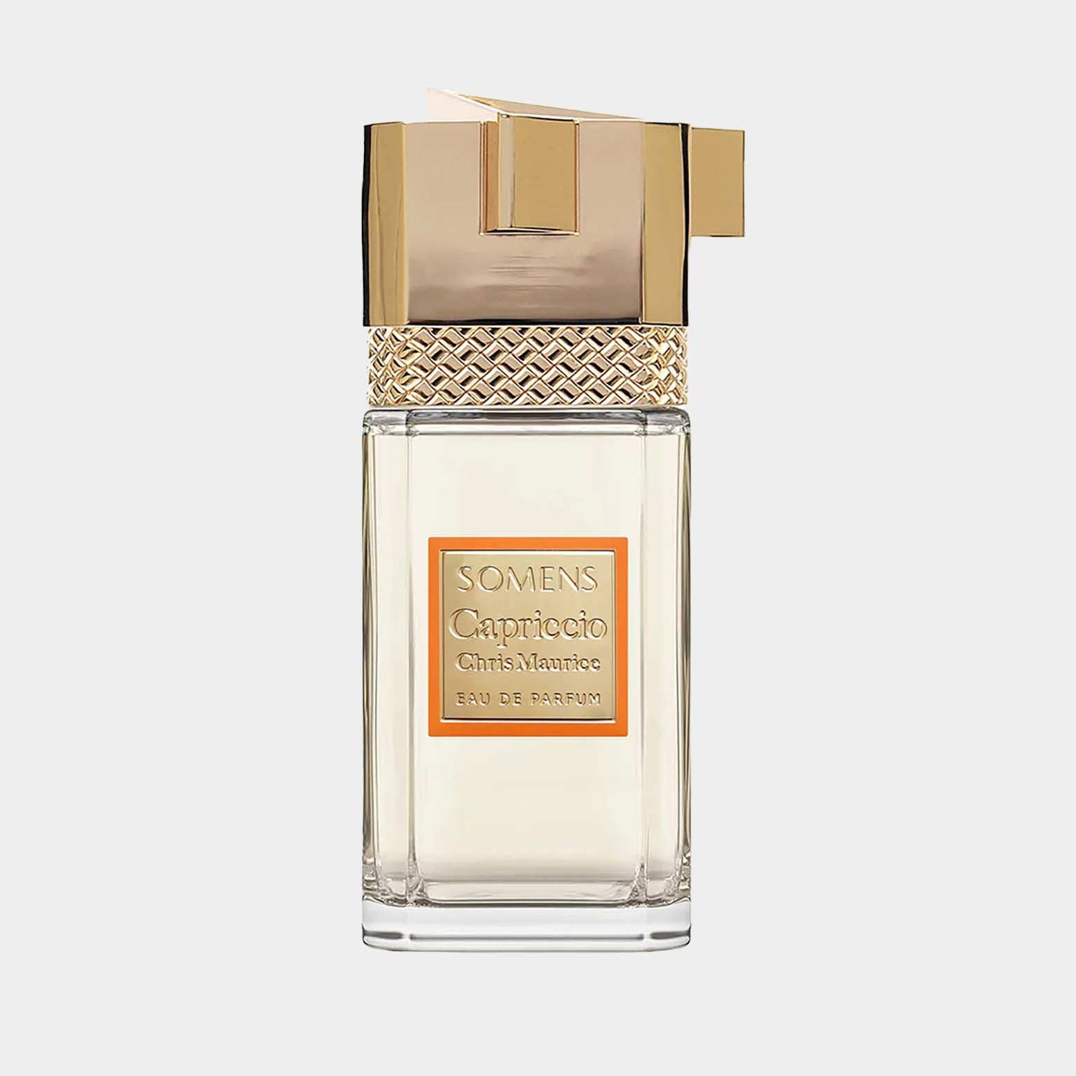 Fles van Somens Capriccio Sample, een luxe eau de parfum met een elegante gouden dop en een verfijnd ontwerp.