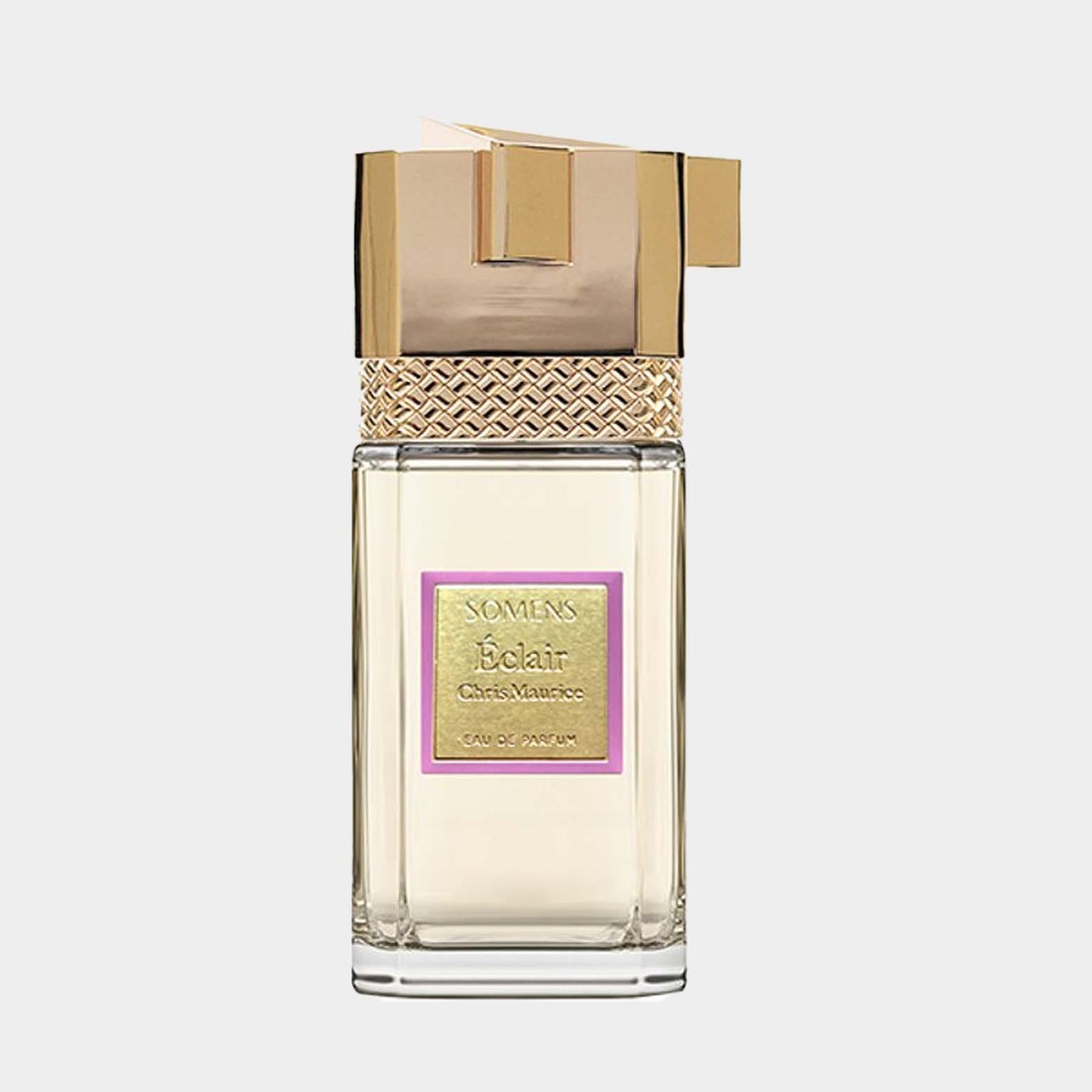 Somens Eclair Sample, een elegant parfumflacon met een gouden dop en een verfijnde uitstraling.