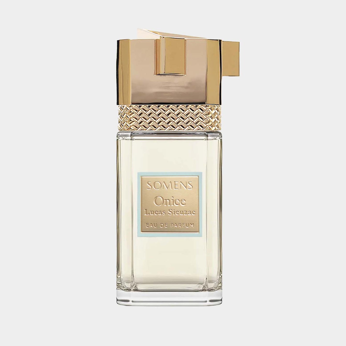 Somens Onice Sample - een elegante parfumfles met een gouden dop, ontworpen voor luxe geurervaring.