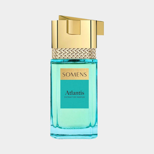 Somens Atlantis Sample, een verfijnde parfumfles met een helder aquamarijnkleurig ontwerp en gouden details.
