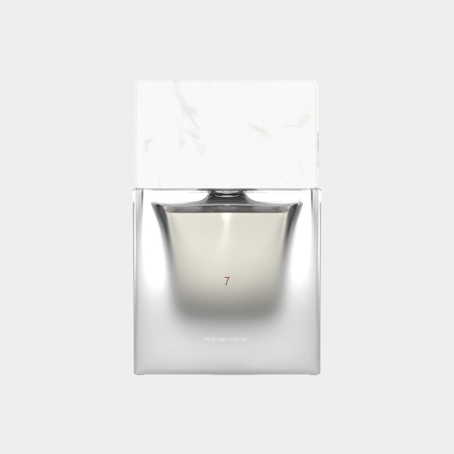 Sora Dora 7 Sample, een elegant parfum met een strakke glazen fles en een minimalistisch deksel in marmerstijl.