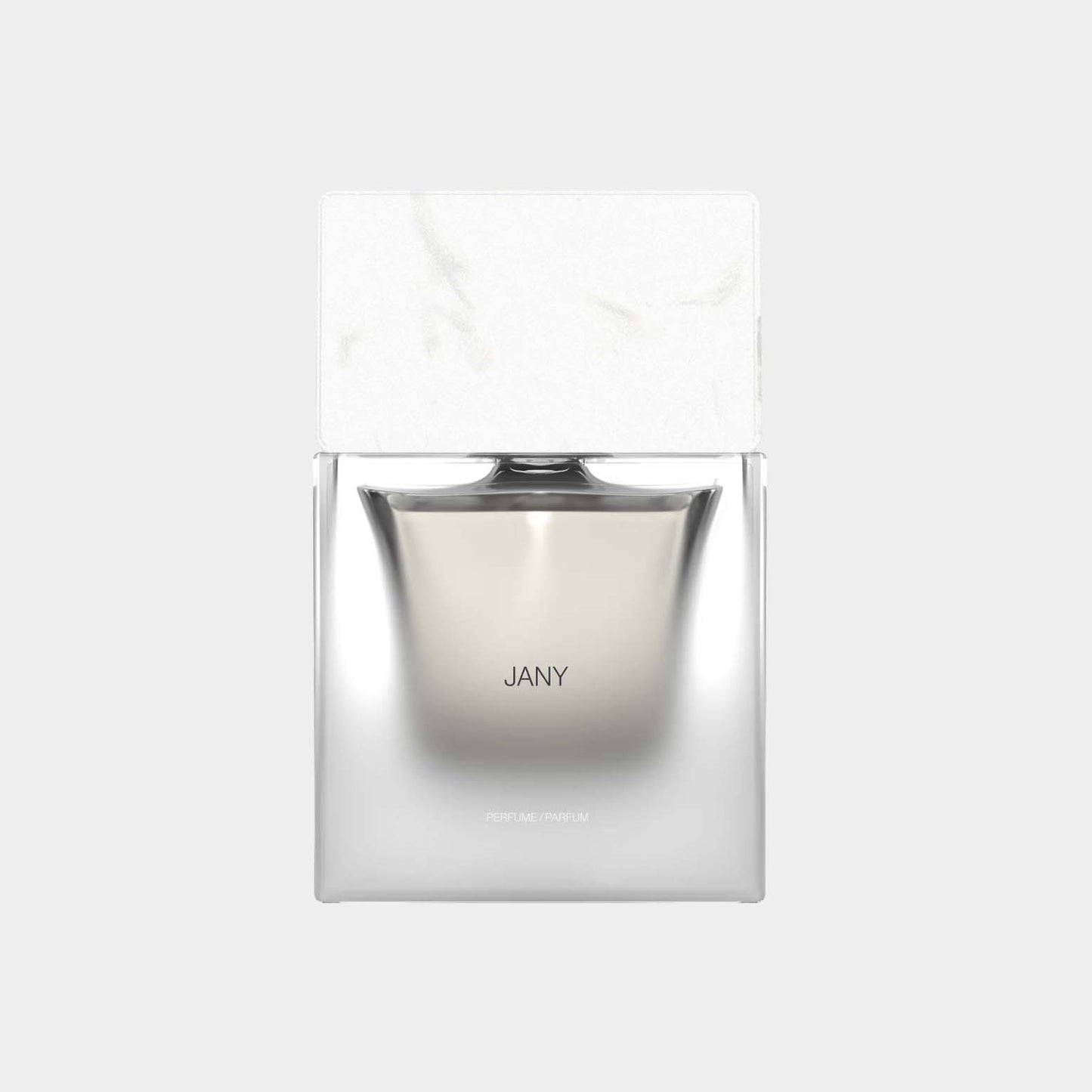Sora Dora Jany Full bottle, een elegant parfumflesje met een strakke, moderne vorm en een witte marmeren dop.