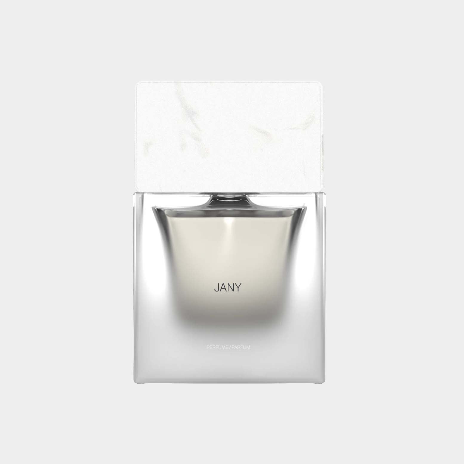 Sora Dora Jany Full bottle, een elegant parfumflesje met een strakke, moderne vorm en een witte marmeren dop.