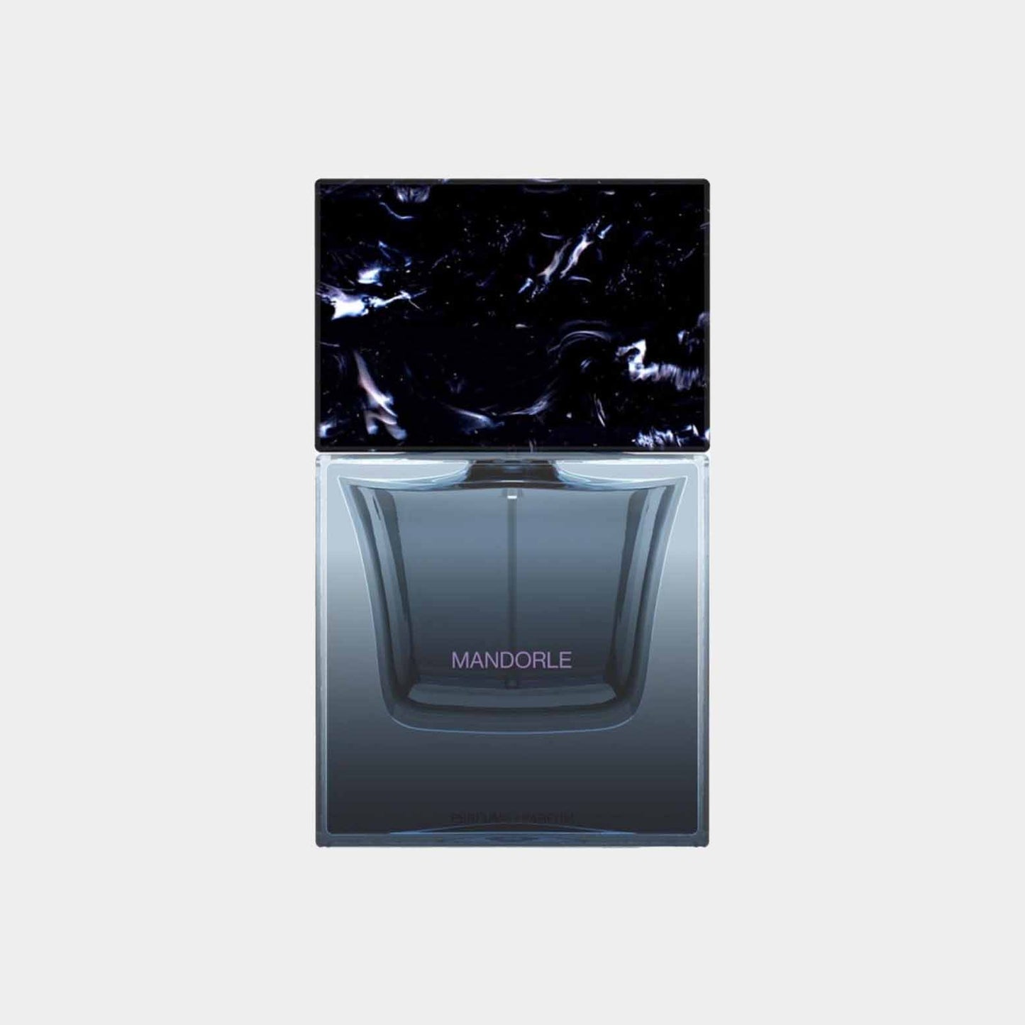 Sora Dora Mandorle sample in een moderne, transparante flacon met een zwarte, marmerachtige dop, ideaal voor een luxe geurervaring.
