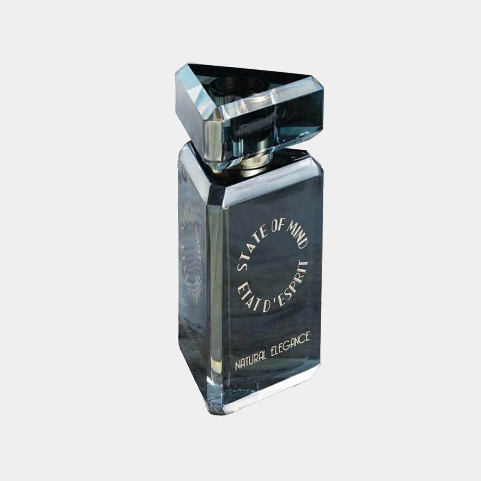 Full bottle of State of Mind Natural Elegance, featuring a sleek, elegant design with a distinctive triangular cap and a dark glass exterior.