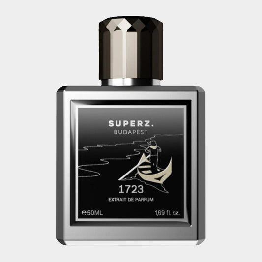 Superz 1723 Sample - Een elegante parfumfles van 50 ml met een eigentijdse uitstraling en een verfijnde zwarte en zilveren kleurstelling.