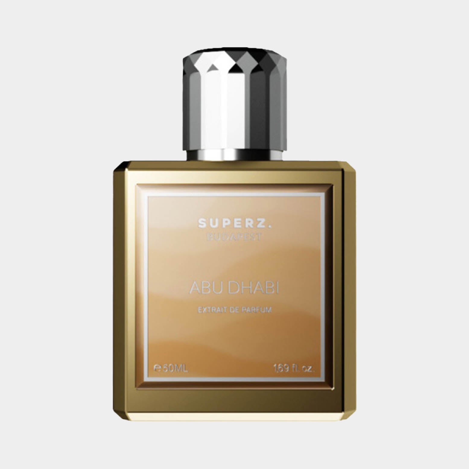 Superz Abu Dhabi Sample - een elegant parfumflesje van 50 ml met een gouden ontwerp, dat de essentie van luxe en verfijning belichaamt.