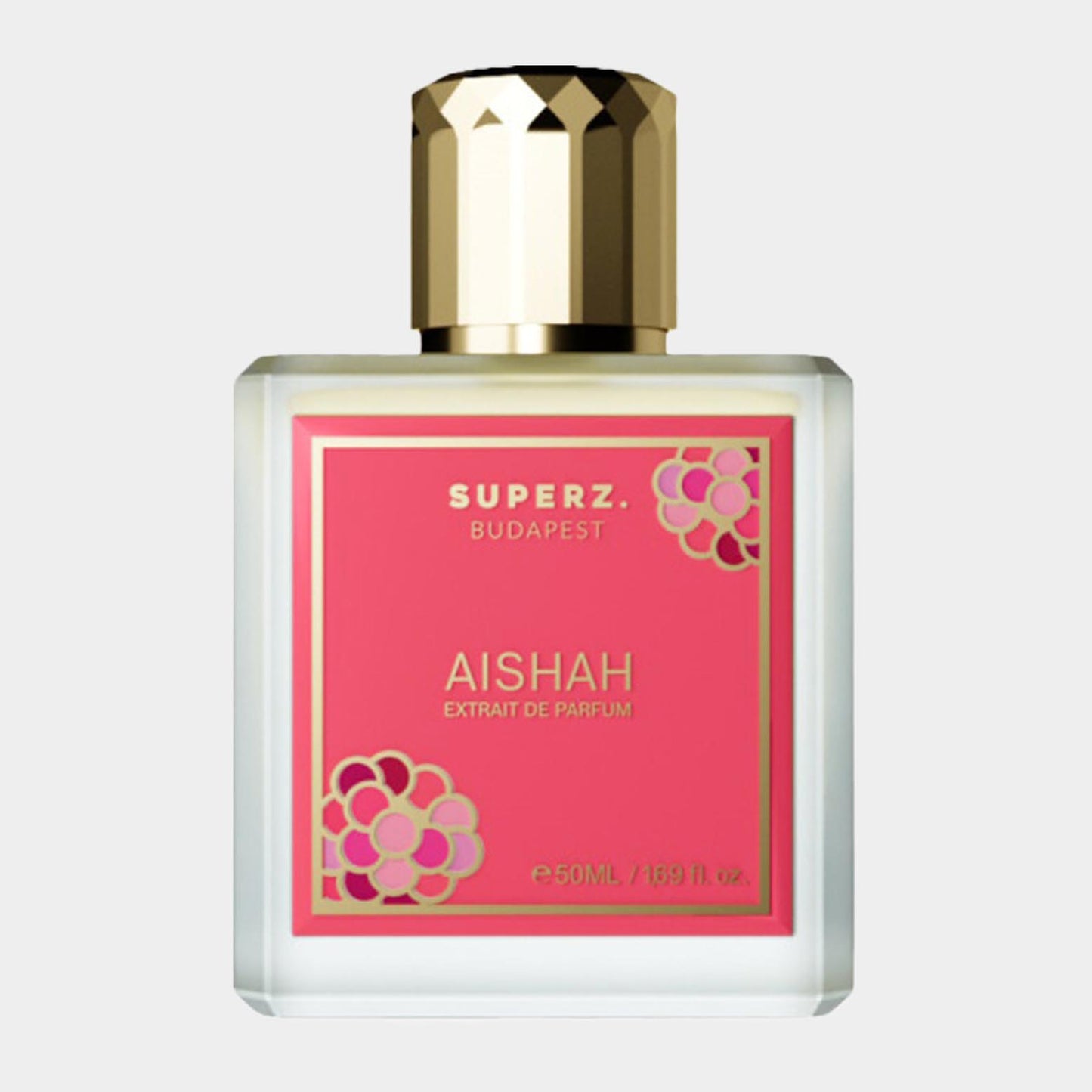 Een full bottle van Superz Aishah, een elegante parfumfles met een gouden dop en een levendige roze verpakking, inhoud 50 ml.