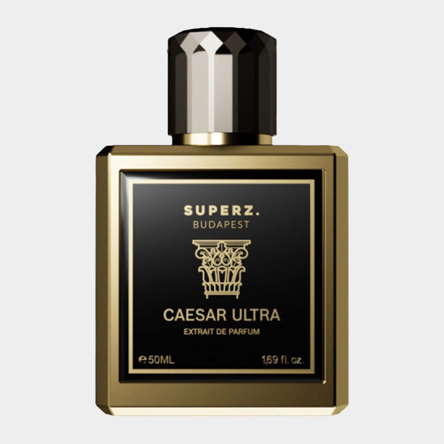 Superz Caesar Ultra Sample, een luxe parfum in een elegant gouden flesje van 50 ml, met een zwarte en gouden etikettering.