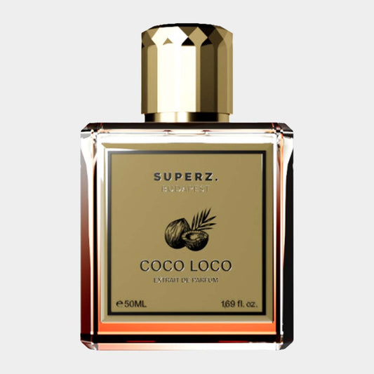 Superz Coco Loco Sample, een elegante parfumflacon van 50 ml, met een gouden dop en een label dat de geur Coco Loco aangeeft, perfect voor liefhebbers van tropische aromas.