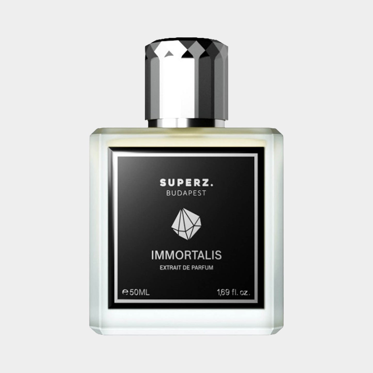 Superz Immortalis Sample - een elegante parfumbuis van 50 ml met een verfijnde, moderne uitstraling, verpakt in een helder glazen fles met een zwarte label.