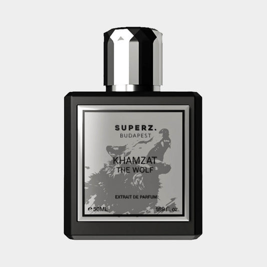 Superz Khamzat The Wolf full bottle, een elegante 50 ml parfumfles met een stoere uitstraling en een wolfontwerp op de verpakking.