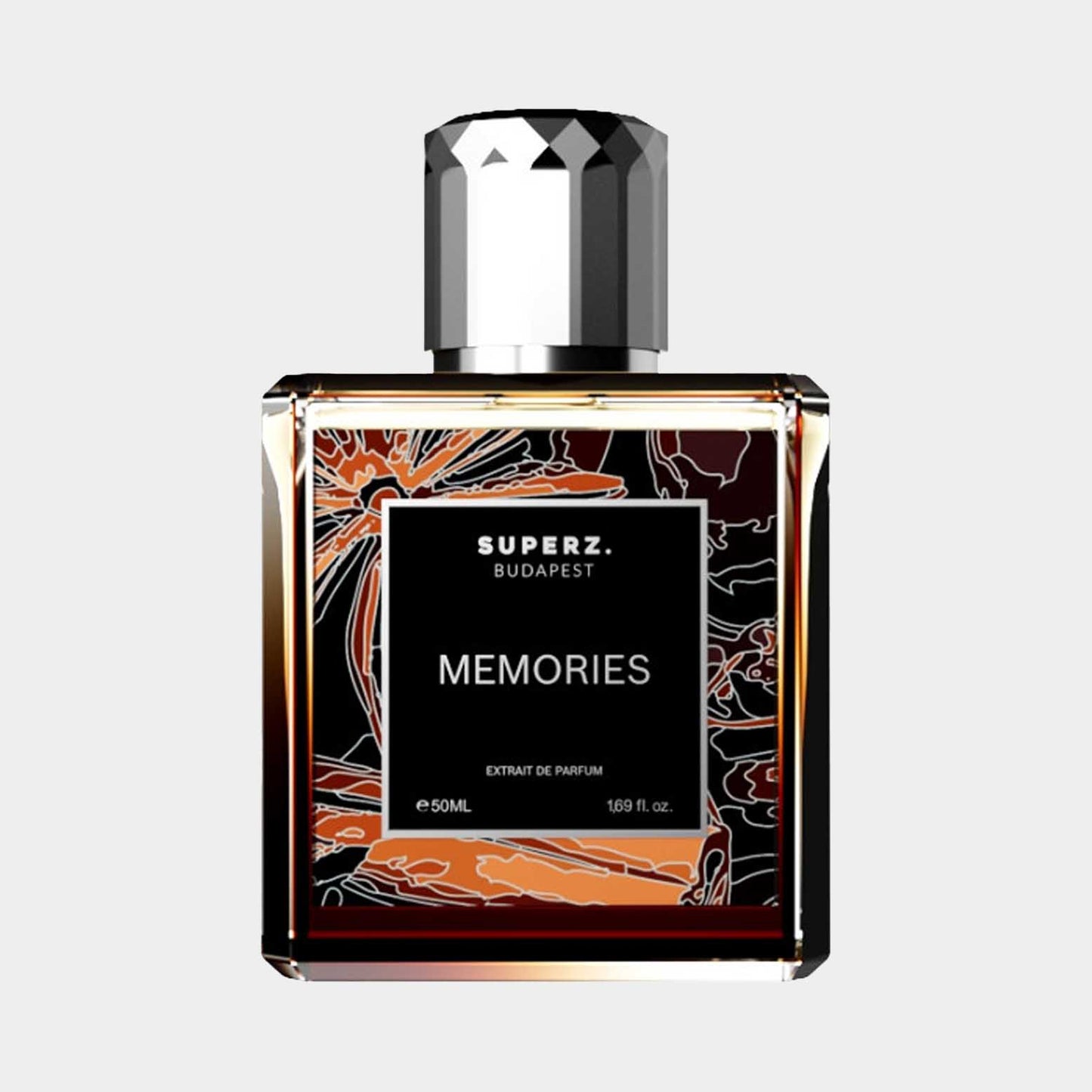 Flesje van Superz Memories Sample, een parfum van 50 ml met een elegant ontwerp en een kleurrijke bloemenillustratie.