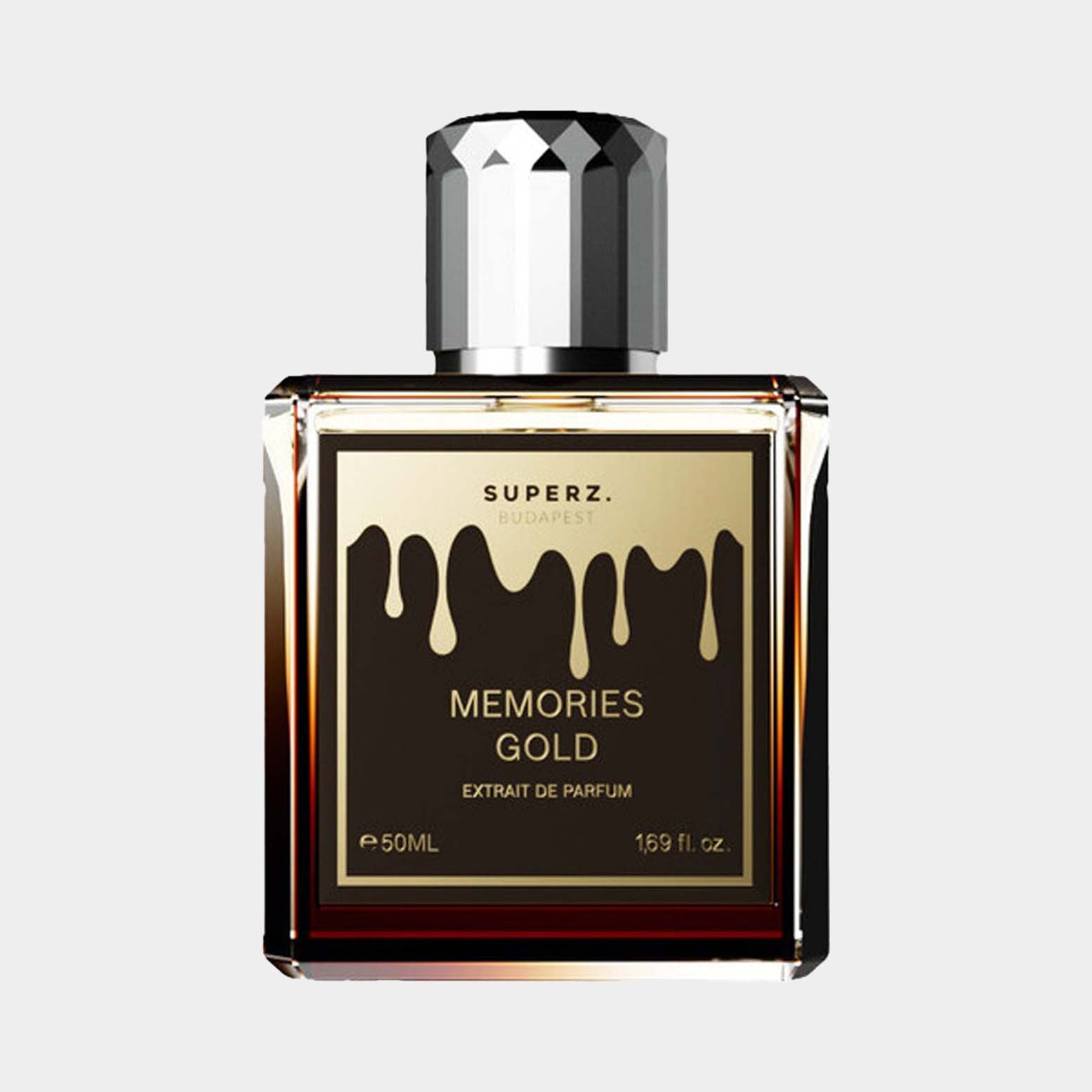 Flesje met Superz Memories Gold Sample parfum, een luxe extract van 50 ml, gekenmerkt door een elegante gouden verpakking met een druppelontwerp.